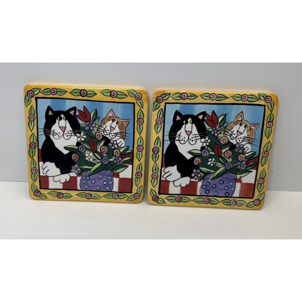 Catzilla CANDACE REITER TRIVET TILE‎ ART - CATS, FLOWERS Matching Set - Read